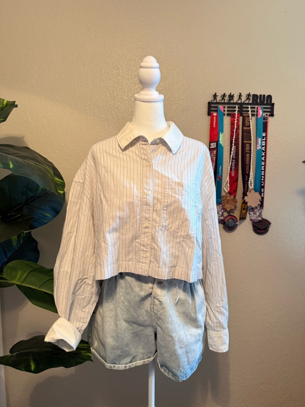 Cropped White Pinstripe Button-Down Shirt